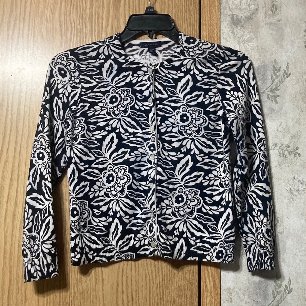Lands' End Monochrome Floral Cardigan Size XS 2-4 Pre-Owned